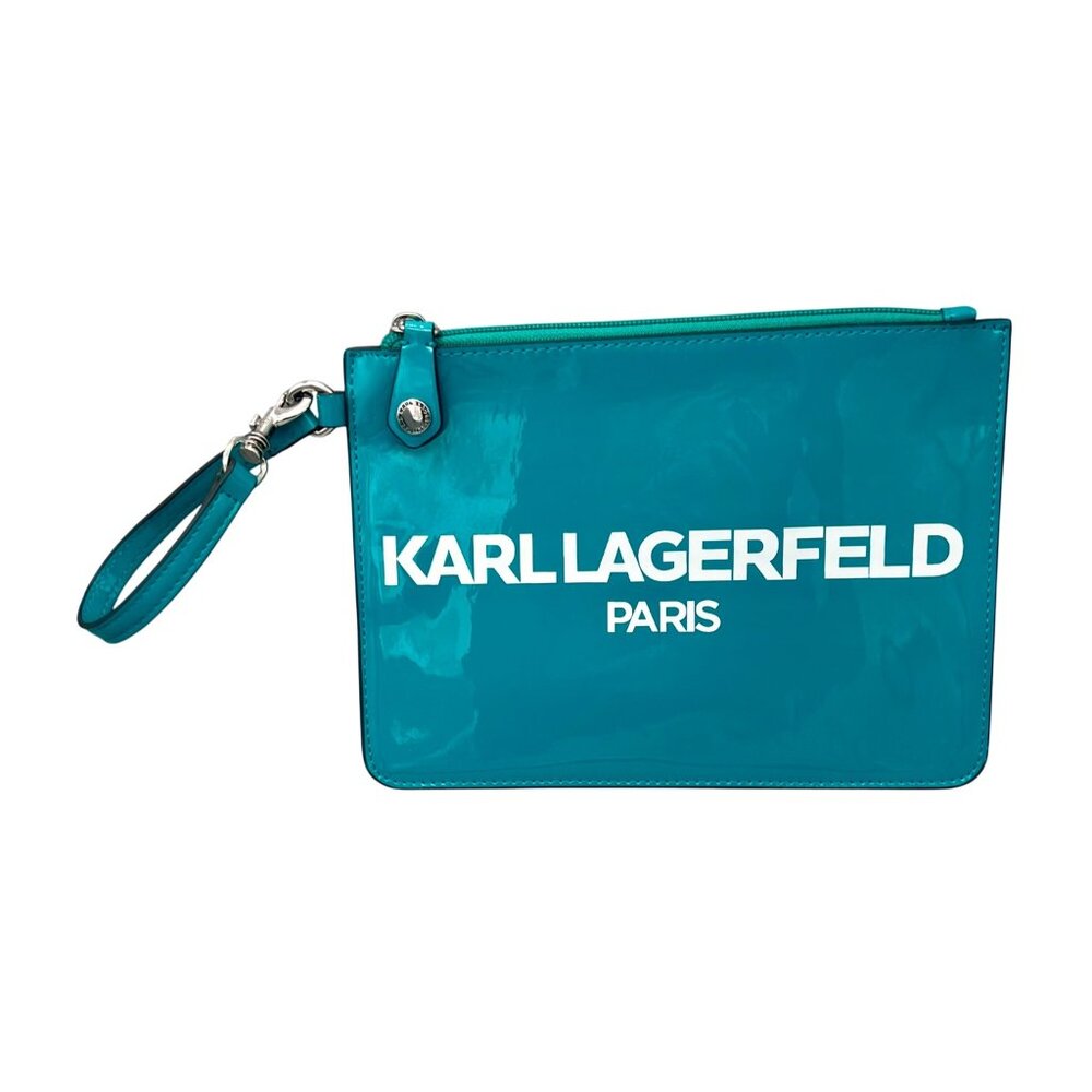 Karl Lagerfeld Paris Patent Leather Wristlet Clutch Bag Turquoise 8.75" x 6.5"